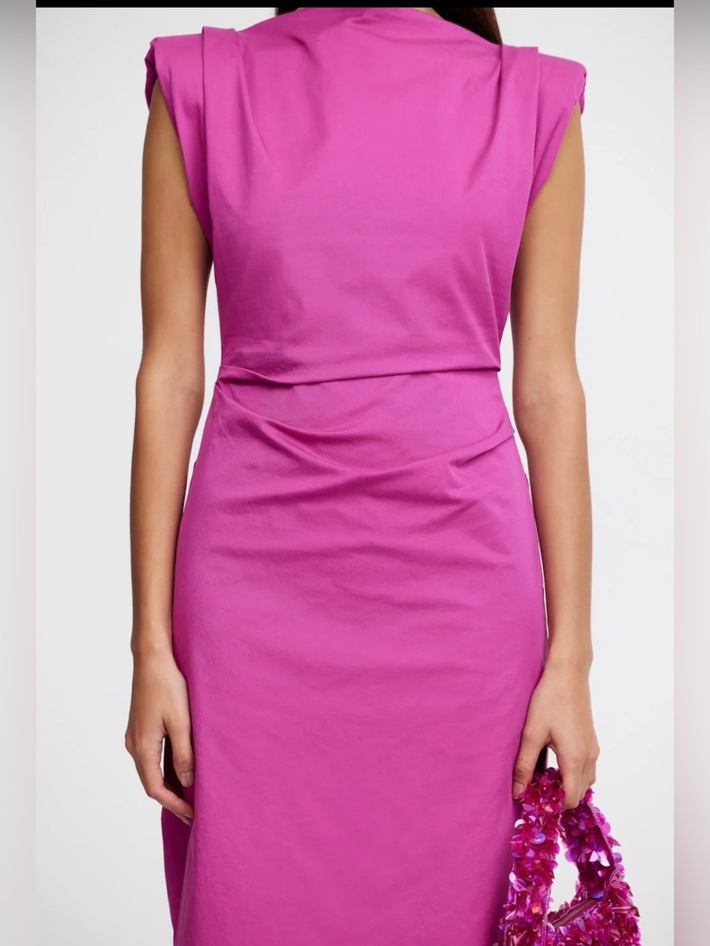 NWT Acler Bepton Midi Dress in fuchsia pink with boat neck and draped detailing. - Picture 3 of 12